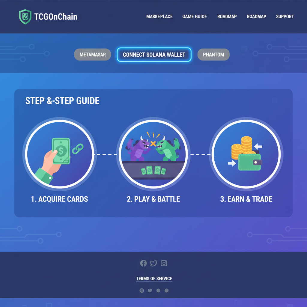 TCGOnChain website homepage, Solana wallet connect button highlighted, blockchain theme, professional web design
