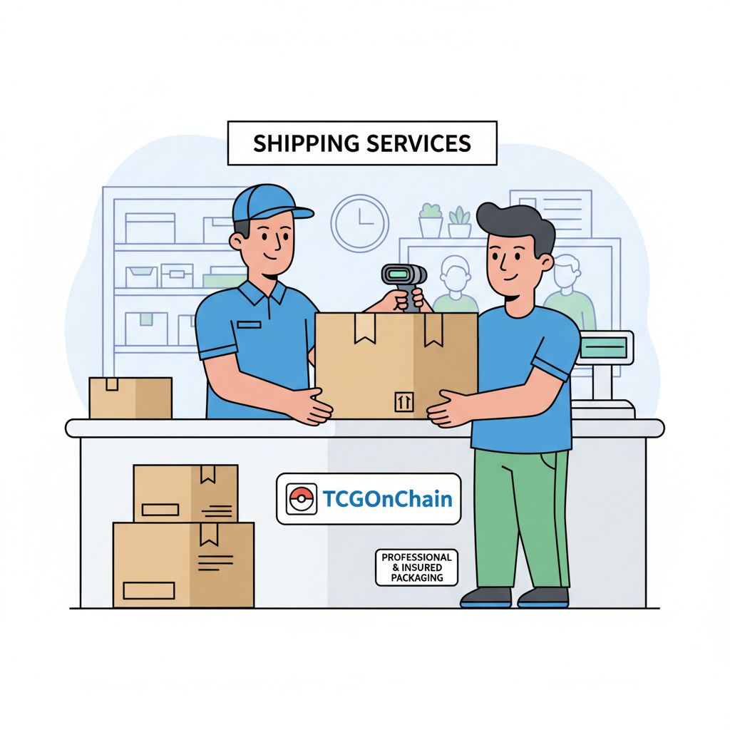 secure shipping box labeled TCGOnChain with Pokémon card icon, being handed to courier service at post office, professional and insured packaging